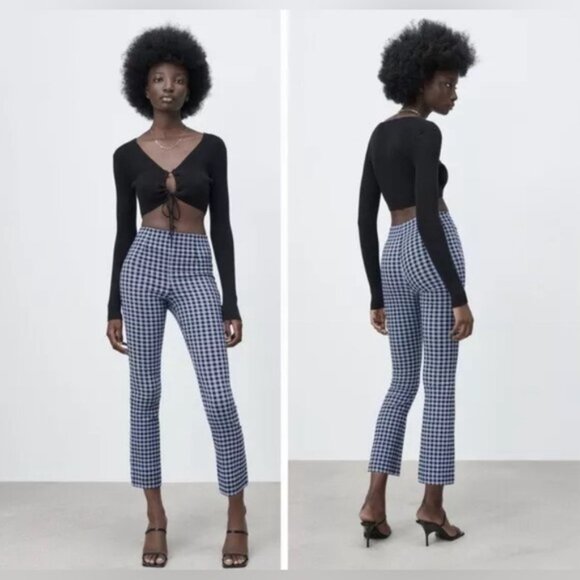 NWT ZARA GINGHAM High Waisted Plaid Mini Flare Pull On Leggings Pants 4387/020 S - Picture 1 of 15